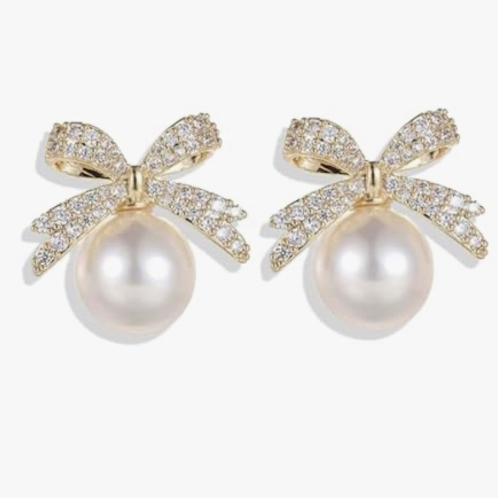 💜3/$30 Rhinestone golden Bow with Faux Pearl Stud Earrings Bowknot